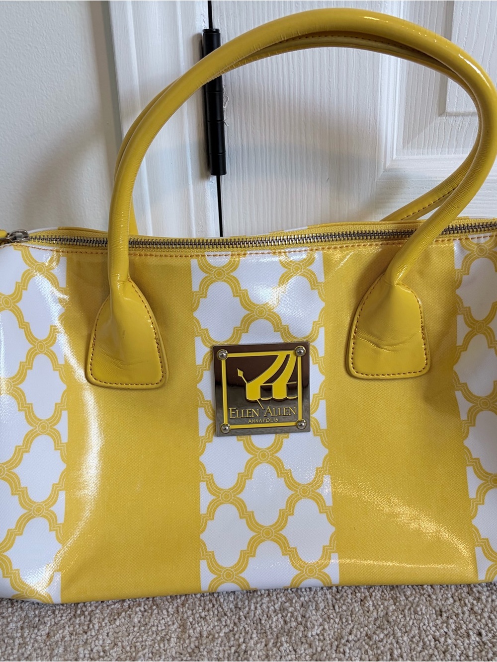 Allen Allen Yellow and White Patent Geometric Tote